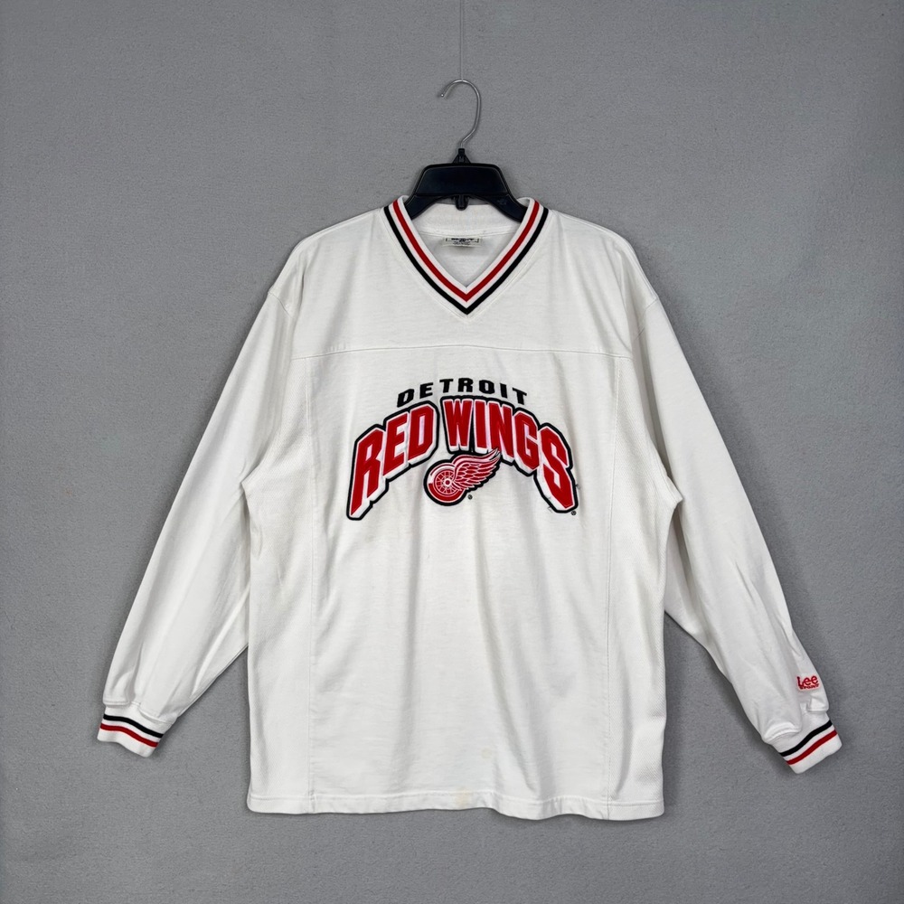 Detroit Red Wings Mens Large White Graphic V-Neck Long Sleeve Jersey Lee Sport